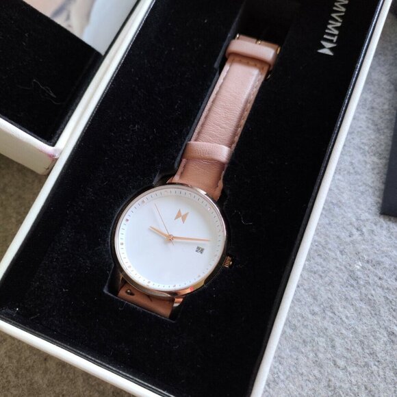 WOMEN'S MVMT 40MM ROSE GOLD WATCH STAINLESS STEEL WHITE DIAL CORAL LEATHER BAND - Picture 9 of 10